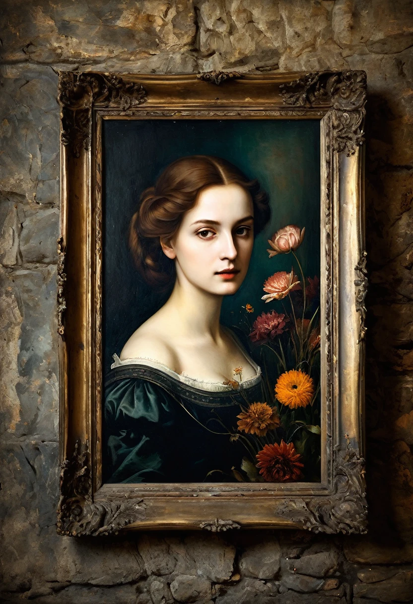 portrait, frame, old picture, horror tone, dark senss dead flowers in background, oil paint, antique period, the image was painted by a Renaissance artist, the painting must have signs of use and must be aged, a painting of a woman in a classical castle}