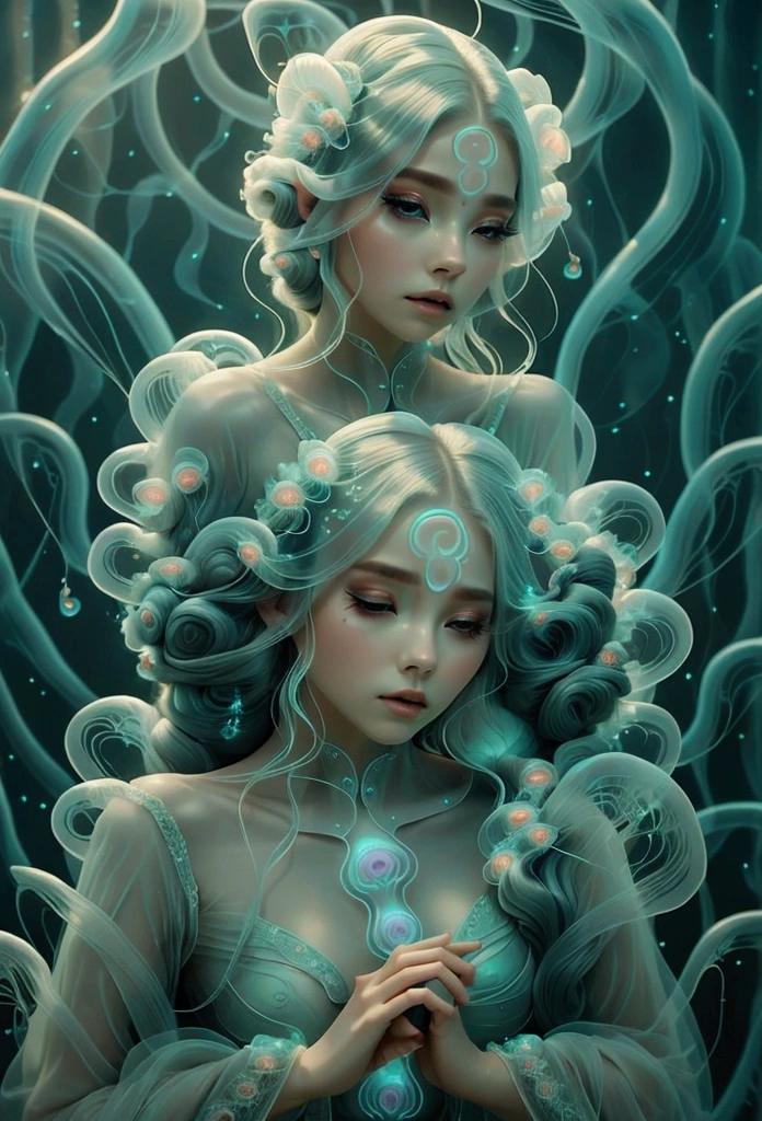 Jellyfish: Her outfit resembles a jellyfish with bioluminescent tendrils that gently sway with her movements. The soft glow of the tendrils casts an otherworldly light, creating an ethereal, seductive aura around her.