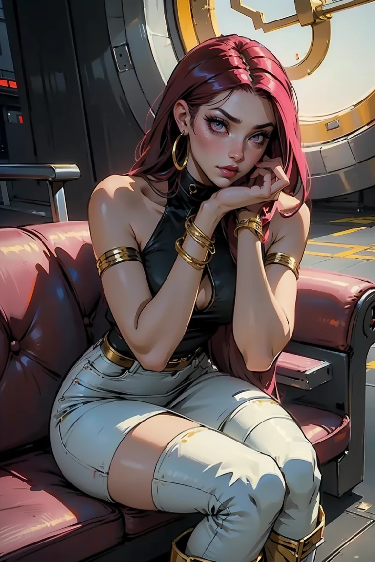 Goddess ((goddess-like woman)), slim, elegant silhouette, masterpiece, (close angle), best quality, pale skin, fair skin, sweet face, (masterpiece: 1.2, best quality), (real image, intricate details), (1 lady, solo, medium tits, small waist, ), ((Miss Fortune/LOL)), beautiful face, kissable lips, long hair, dark pink hair, straight hair, makeup, lipstick, perfect makeup, realistic face, detailed red eyes, (red eyes) bright red eyes, eyelashes, mouth slightly open, she has an impressive presence, gold bracelet, gold hoop earrings, withe jewelry , beautiful face, beautiful eyes, she is wearing a black Cut Out Straps Dresses, Black over-the-knee boots, sweet irresistible smile, elegant pose, elegant hands, beautiful hands, perfect fingers, background: Airport, waiting for check-in, sitting on a bench in a large room with a large window with a view of the runway