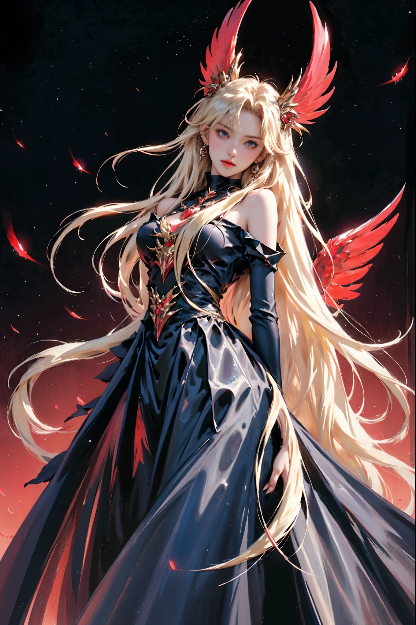 Ultra-detailed and gorgeous, gorgeous long blonde hair flows, a ferocious vampire woman standing with her wings spread in the night, elegant black and red dress, beautiful face, stylish, red eyes,
Cinema-like lighting, the female figure with a fantastical cold air and the contrast of bolder color schemes and elements give the work a fascinating narrative. Realism expressed in dark design colors, photorealistic, 8k, fantasy digital art, HDR, UHD.