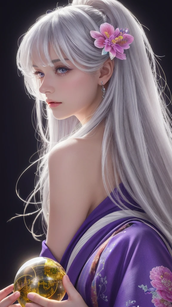 (masterpiece:1.3),(8k,photorealistic,raw photo,best quality:1.4),(one girl),beautiful face,(realistic face),(long hair),(silver hair,almost white hair,shiny hair,beautiful straight hair),(even bangs),(sharp bangs),straight hairstyle,realistic eyes,beautiful detailed eyes(purple eyes),(sharp eyes),(realistic skin),beautiful skin,(kimono),(magician-like kimono),(floral hair ornament),attractive,ultra high resolution,ultra realistic,highly detailed,golden ratio,colourful background,(flowers blooming),(energy dancing background),magician,facing forward,looking straight ahead,shoulders facing towards you,holding a crystal ball