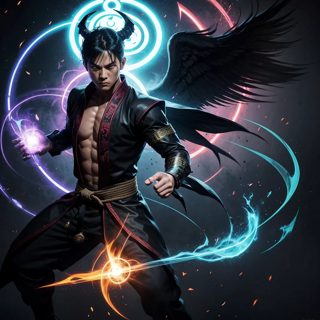 The main character shows him in a dynamic pose that reflects both his martial arts and magical abilities. Use a blend of modern and mystical elements to represent the transition from the martial arts world to the magic-dominated world, for background.Include magical effects, such as glowing runes or spell circles, alongside martial arts imagery like energy blasts or combat stances. Choose a color palette that contrasts the old and new worlds—perhaps dark, intense colors for the martial arts aspect and bright, mystical colors for the magic aspect. Place the title “Rebirth of the Martial Mage” in a prominent position. Use a bold, legible font that stands out against the background. Pets like demon and angel on both sides behind the main character with dynamic pose, lolly pet.