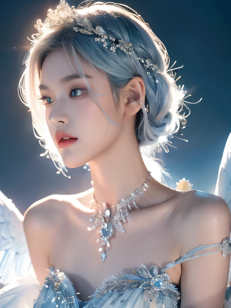 day, Princess of cupid and love,majestic,angelic,glamorous detiled dress,short white hair with light blue at the ends,white/lighr blue/blue/light pink/dark red colour pallete,pretty make-up,glamorous dress,Gorgeous,Jewelry,monochromes,goddess,dark Fantasy,dark Venus,posing,Dynamic Posing,Dramatic,Cinematic,Detailed background,light fantastic view,Best Quality,masutepiece,8K,The ultimate detailed light background, best image quality、RAW photography、超A high resolution、show legs,cropped shoulders,close-up all over the body,Be red in the face,good anatomy (Hand optimization),(Details are strengthened),(High Picture Quality) An 18-year-old female、Shot for one person only、model shoot、medium breasts、Beautiful Eyes of Details、Very slender eyes, Beautiful eyelashes、beautiful double eyelid、Very slim physique, Shy, with blush cheeks,upper body visible,crystals in background