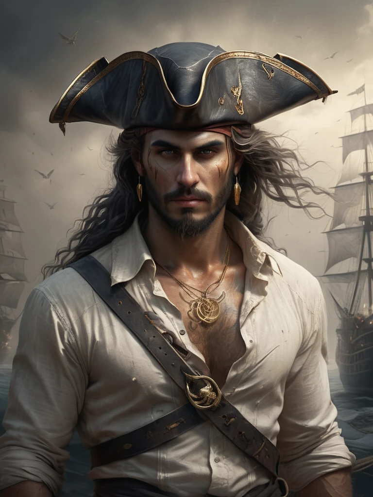 weathered skin pirate, tilted tricorn hat with turned-up brim, sun-tanned skin, black beard, golden hoop earrings, golden rings, nautical-themed tattoo, loose white shirt, knee-high leather boots, wide leather belt with large buckle, cutlass, sturdy ship with tattered sails in a harbor, barrels, crates, coils of rope, in the style of Sam Spratt, Ben Templesmith and Alexander Jansson,
demonic, AngelicStyle (b&w, Monochromatic, Film Photography:1.3),  Photorealistic, Hyperrealistic, Hyperdetailed, film noir, analog style, soft lighting, subsurface scattering, realistic, heavy shadow, masterpiece, best quality, ultra realistic, 8k, golden ratio, Intricate, High Detail, film photography, soft focus