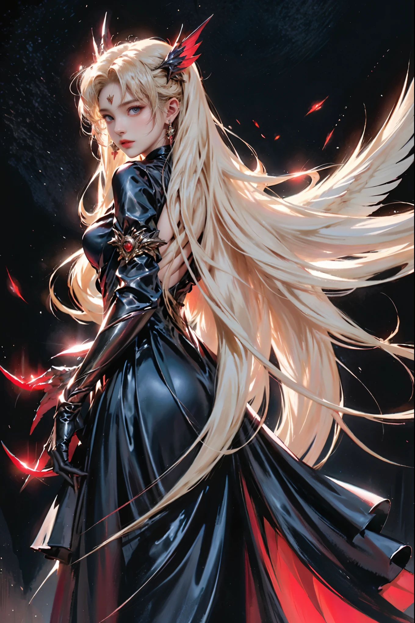 Ultra-detailed and gorgeous, gorgeous long blonde hair flows, a ferocious vampire woman standing with her wings spread in the night, elegant black and red dress, beautiful face, stylish, red eyes,
Cinema-like lighting, the female figure with a fantastical cold air and the contrast of bolder color schemes and elements give the work a fascinating narrative. Realism expressed in dark design colors, photorealistic, 8k, fantasy digital art, HDR, UHD.