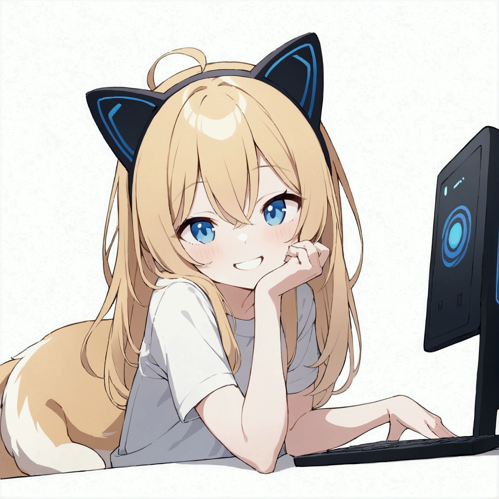 high resolution, looking at the audience,I have a Shiba dog.,smile,Long bangs hair,golden hair,simple background, Sitting in front of the computer, Masterpiece, decorative arts, best quality, Anatomically correct,Wear a ,girl,blue eyes, Bangs between the eyes, canine teeth, fake animal ears,It has the word KOKI.
