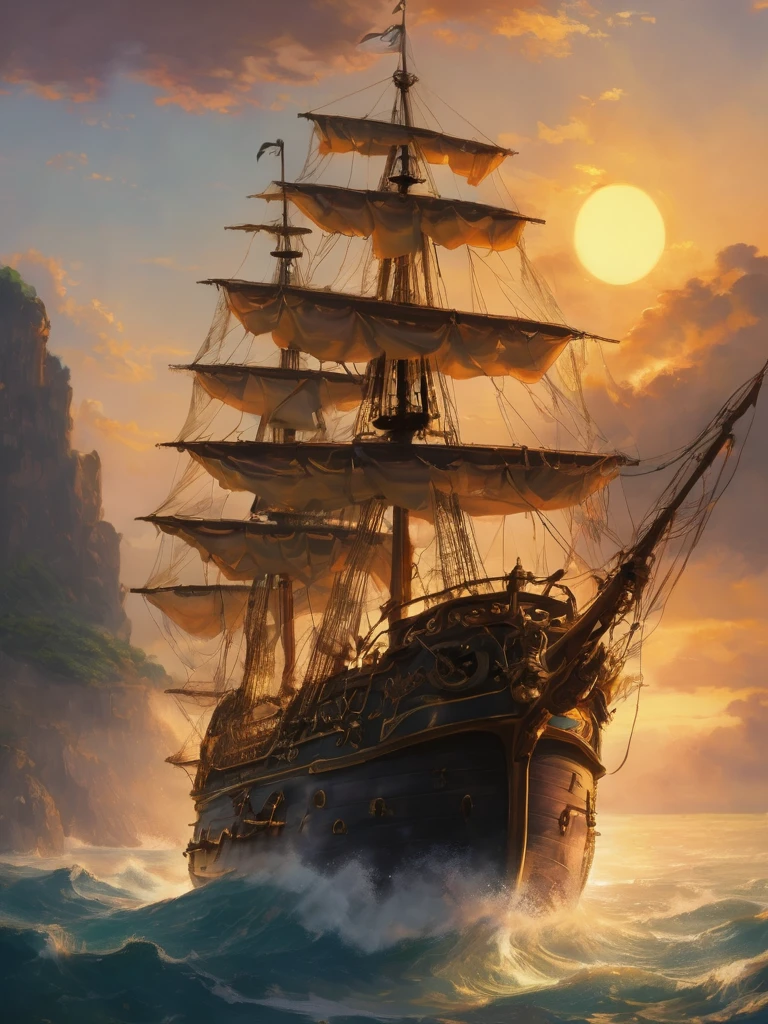 As the sun began to set, the pirate captain stood at the helm of his ship, gazing out into the horizon. The warm golden hues of the sun illuminated his ornate attire, casting a warm glow across the deck. The sea was calm, and the ship was anchored near rocky terrain. The captain’s thoughts drifted to the past, and he wondered what the future held for him and his crew. Suddenly, he heard a commotion from below deck, and he knew that trouble was brewing. He turned to face his crew, his eyes blazing with determination. “We may be pirates, but we are not thugs,” he declared. “We are men of honor, and we will fight for what we believe in.” With that, he drew his sword and led his crew into battle against their enemies.