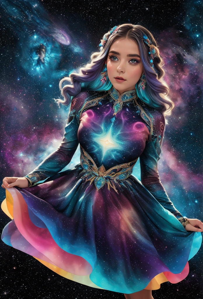 She wears a dress made of shifting nebulae, swirling with vibrant cosmic colors. The celestial fabric seems to be in constant motion, enveloping her in a mesmerizing, star-studded display that accentuates her every move.