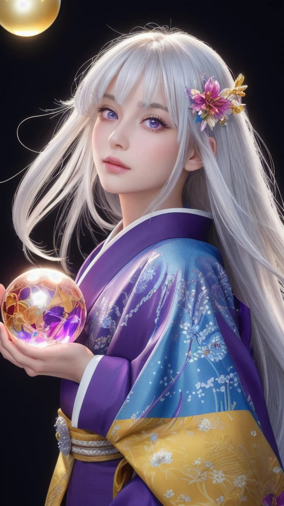 (masterpiece:1.3), (8k, photorealistic, raw photo, highest quality:1.4), (one girl), beautiful face, (realistic face), (long hair), (silver hair, near white hair, shiny hair, beautiful straight hair), (even bangs), (Sharp bangs), straight hairstyle, realistic eyes, beautiful detailed eyes (purple eyes), (sharp eyes), (realistic skin), beautiful skin, (kimono), (magician's kimono), (flower hair ornament), attractive, ultra high resolution, ultra realistic, highly detailed, golden ratio, colorful background, (flowers blooming), (energy dancing background), magician, facing forward, looking straight ahead, Facing forward, facing towards you, holding crystal ball, (heart crystal ball, love crystal ball).Anatomically correct, Highest quality, accurate, High resolution, Facing forward,