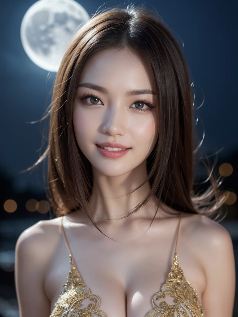 Body portrait, 8K, thin and beautiful eyes, Dindal effect, masterpiece, top quality, high quality, high resolution, very detailed photo, (natural skin texture, fine skin, hyper realism, super sharpness), high detail skin, (very fine, fine skin texture, intricate details, beautiful face, (realistic face), realistic eyes, beautifully detailed eyes, realistic skin, beautiful skin, surreal, very detailed Golden ratio, smiling eyes, ((night moonlight background) )), body portrait, G cup, big breasts, huge breasts, big breasts, glamorous, sexy knit dress,