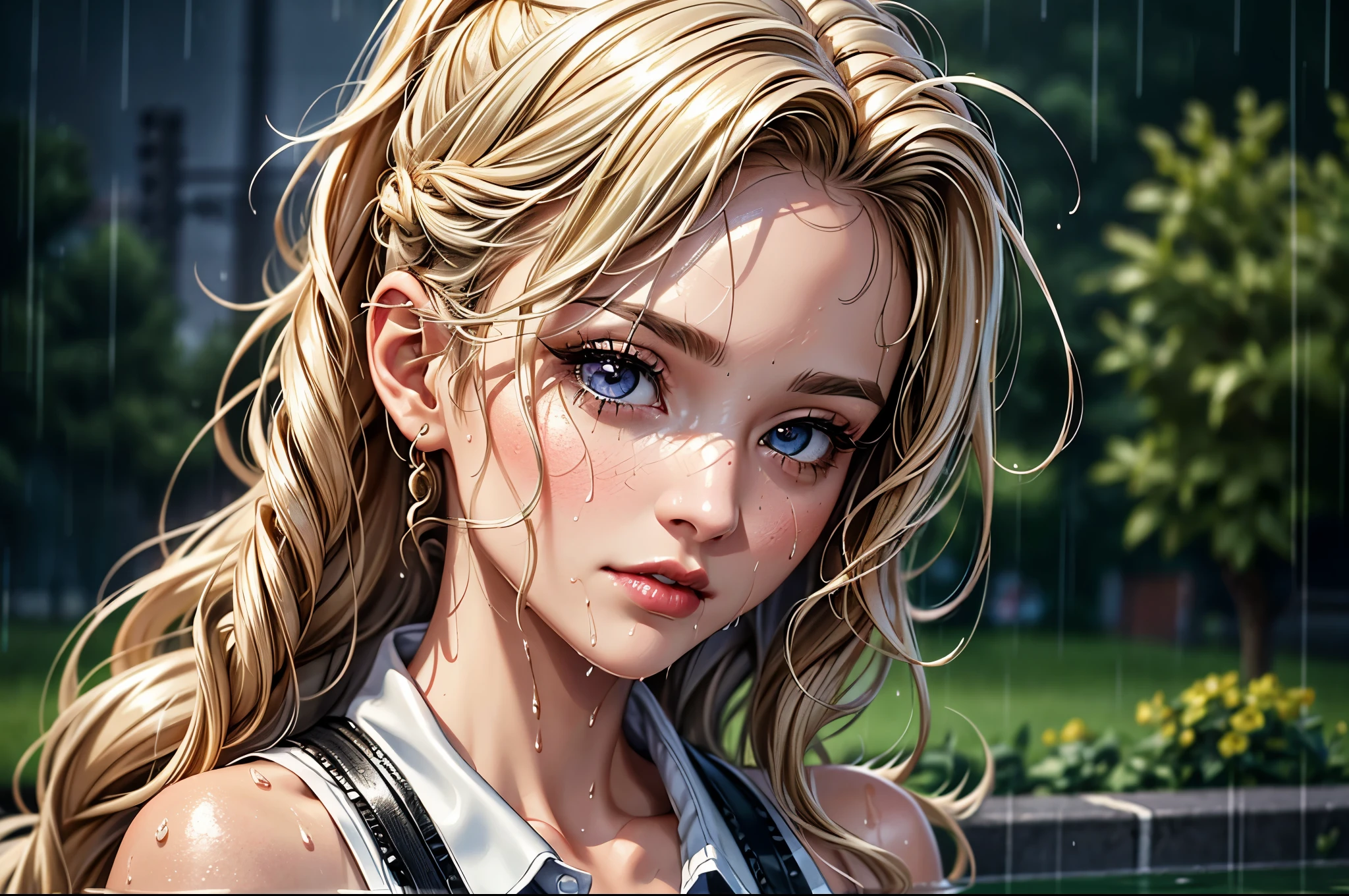 (best quality, 8K, masterpiece:1.3), pretty Woman, 1 girl, beautiful face, (Sexy), blonde hair, curly braided ponytail, (wet from rain, wet by rain, wet :1.2), White vest, Ultra-detailed face, Detailed lips, super detailed eyes, double eyelids, long upper eyelashes, Soft skin, HD skin, 8k, Super detailed, best quality detail, retina, Ultra-high resolution, masterpiece, ccurate
