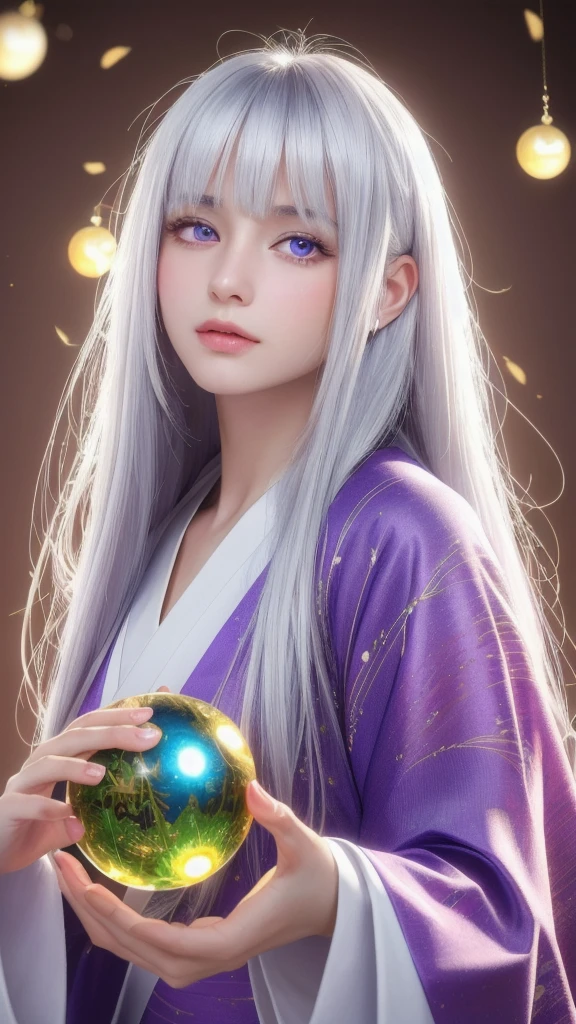 (masterpiece:1.3), (8k, photorealistic, raw photo, highest quality:1.4), (one girl), beautiful face, (realistic face), (long hair), (silver hair, near white hair, shiny hair, beautiful straight hair), (even bangs), (Sharp bangs), straight hairstyle, realistic eyes, beautiful detailed eyes (purple eyes), (sharp eyes), (realistic skin), beautiful skin, (kimono), (magician's kimono), (flower hair ornament), attractive, ultra high resolution, ultra realistic, highly detailed, golden ratio, colorful background, (flowers blooming), (energy dancing background), magician, facing forward, looking straight ahead, Facing forward, facing towards you, holding crystal ball, (heart crystal ball, love crystal ball).Anatomically correct, Highest quality, accurate, High resolution, Facing forward,