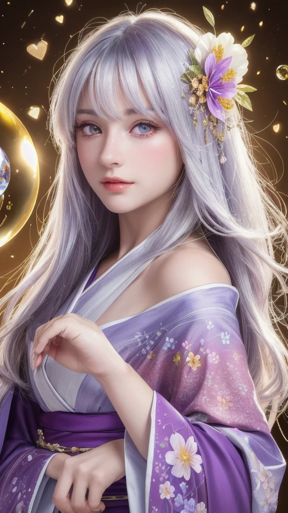 (masterpiece:1.3), (8k, photorealistic, raw photo, highest quality:1.4), (one girl), beautiful face, (realistic face), (long hair), (silver hair, near white hair, shiny hair, beautiful straight hair), (even bangs), (Sharp bangs), straight hairstyle, realistic eyes, beautiful detailed eyes (purple eyes), (sharp eyes), (realistic skin), beautiful skin, (kimono), (magician's kimono), (flower hair ornament), attractive, ultra high resolution, ultra realistic, highly detailed, golden ratio, colorful background, (flowers blooming), (energy dancing background), magician, facing forward, looking straight ahead, Facing forward, facing towards you, holding crystal ball, (heart crystal ball, love crystal ball).Anatomically correct, Highest quality, accurate, High resolution, Facing forward,