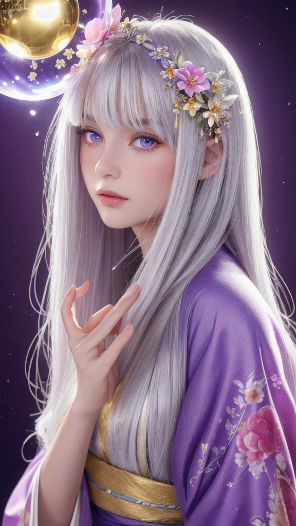 (masterpiece:1.3), (8k, photorealistic, raw photo, highest quality:1.4), (one girl), beautiful face, (realistic face), (long hair), (silver hair, near white hair, shiny hair, beautiful straight hair), (even bangs), (Sharp bangs), straight hairstyle, realistic eyes, beautiful detailed eyes (purple eyes), (sharp eyes), (realistic skin), beautiful skin, (kimono), (magician's kimono), (flower hair ornament), attractive, ultra high resolution, ultra realistic, highly detailed, golden ratio, colorful background, (flowers blooming), (energy dancing background), magician, facing forward, looking straight ahead, Facing forward, facing towards you, holding crystal ball, (heart crystal ball, love crystal ball).Anatomically correct, Highest quality, accurate, High resolution, Facing forward,