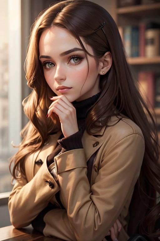 ((Selena Gomez:Emma Watson:0.8)), mature,adult woman sitting on a bench drinking a cup of coffee, casual pose, artwork in the style of guweiz, realistic artstyle, mysterious coffee shop girl, trending on cgstation, relaxing concept art, realistic afternoon lighting, photorealistic artstyle, relaxed pose,