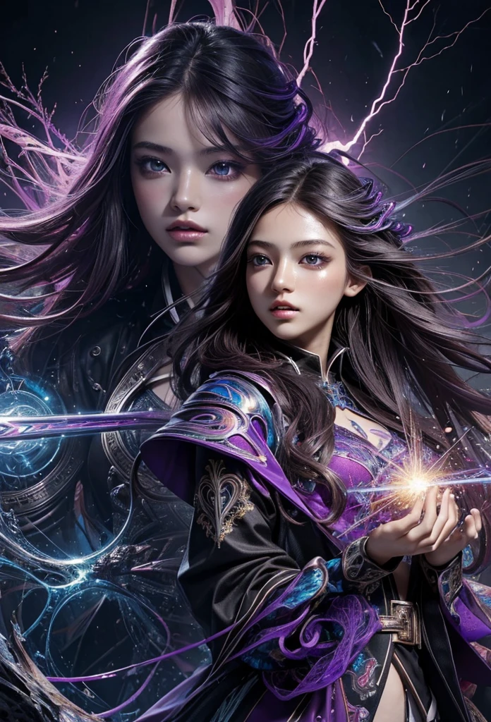 (masterpiece, Highest quality, Highest quality, Official Art, beautifully、aesthetic:1.2), (One girl), extreme detailed,(Abstract, Fractal Art:1.3),Colorful Hair,Purple Mesh、highest detailed, detailed_eye, thunder、Lightning, Light_particle,electricity、Wizard、thunder