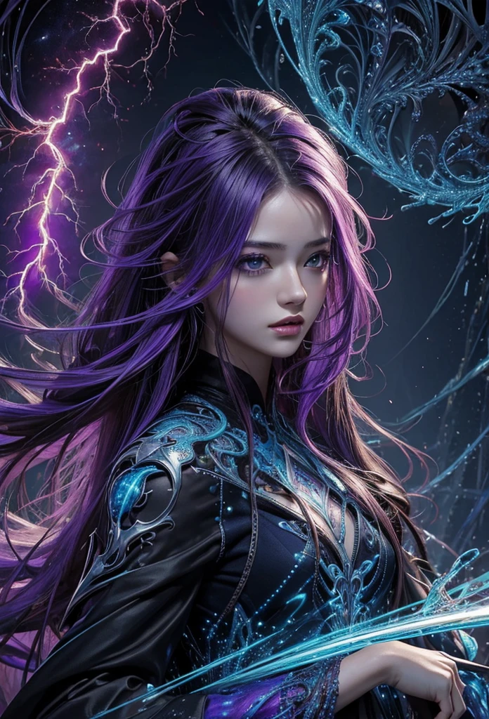 (masterpiece, Highest quality, Highest quality, Official Art, beautifully、aesthetic:1.2), (One girl), extreme detailed,(Abstract, Fractal Art:1.3),Colorful Hair,Purple Mesh、highest detailed, detailed_eye, thunder、Lightning, Light_particle,electricity、Wizard、thunder