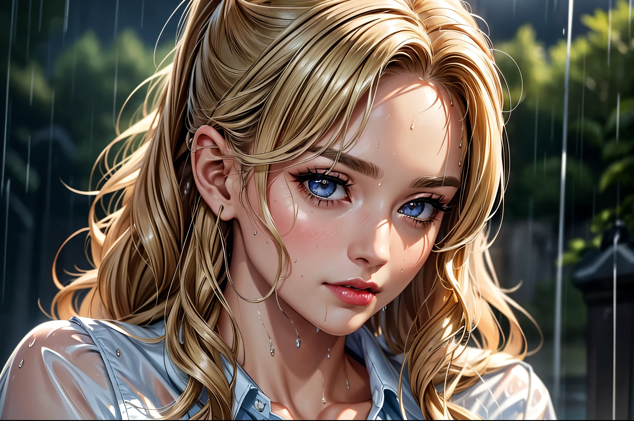 (best quality, 8K, masterpiece:1.3), pretty Woman, 1 girl, beautiful face, (Sexy), blonde hair, curly braided ponytail, (wet from rain, wet by rain, wet :1.2), White vest, Ultra-detailed face, Detailed lips, super detailed eyes, double eyelids, long upper eyelashes, Soft skin, HD skin, 8k, Super detailed, best quality detail, retina, Ultra-high resolution, masterpiece, ccurate