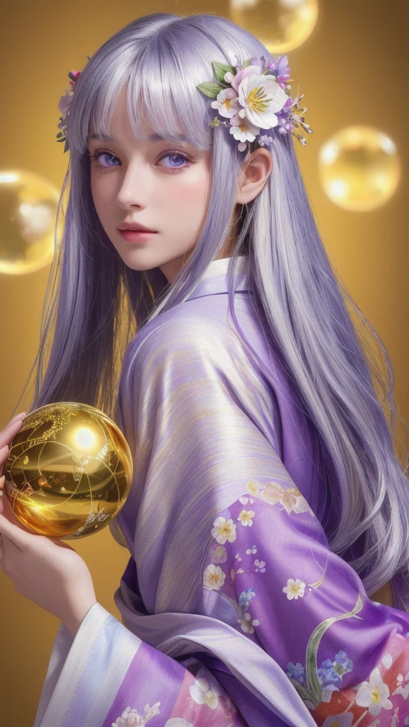(masterpiece:1.3), (8k, photorealistic, raw photo, highest quality:1.4), (one girl), beautiful face, (realistic face), (long hair), (silver hair, near white hair, shiny hair, beautiful straight hair), (even bangs), (Sharp bangs), straight hairstyle, realistic eyes, beautiful detailed eyes (purple eyes), (sharp eyes), (realistic skin), beautiful skin, (kimono), (magician's kimono), (flower hair ornament), attractive, ultra high resolution, ultra realistic, highly detailed, golden ratio, colorful background, (flowers blooming), (energy dancing background), magician, facing forward, looking straight ahead, Facing forward, facing towards you, holding crystal ball, (heart crystal ball, love crystal ball).Anatomically correct, Highest quality, accurate, High resolution, Facing forward,