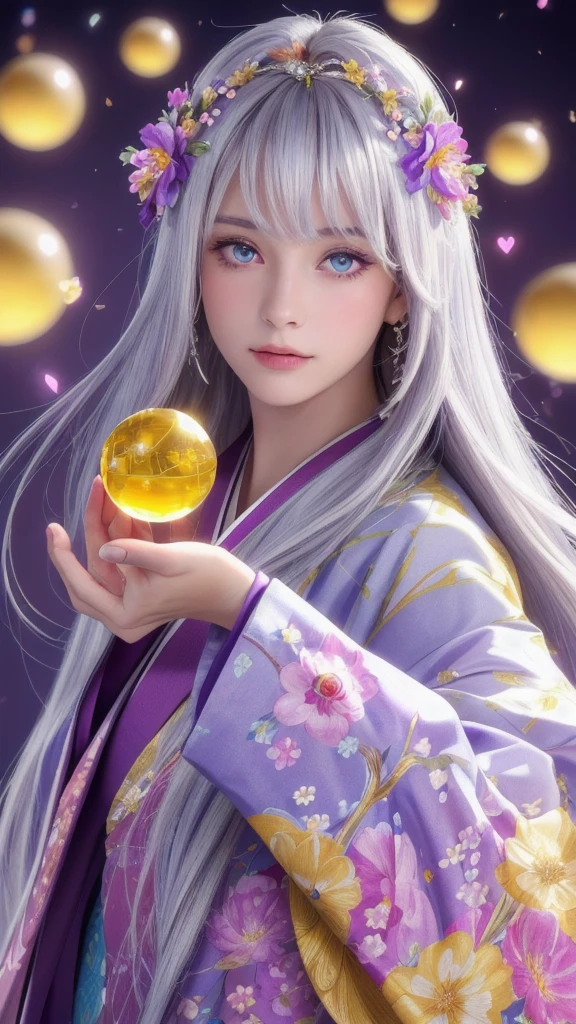 (masterpiece:1.3), (8k, photorealistic, raw photo, highest quality:1.4), (one girl), beautiful face, (realistic face), (long hair), (silver hair, near white hair, shiny hair, beautiful straight hair), (even bangs), (Sharp bangs), straight hairstyle, realistic eyes, beautiful detailed eyes (purple eyes), (sharp eyes), (realistic skin), beautiful skin, (kimono), (magician's kimono), (flower hair ornament), attractive, ultra high resolution, ultra realistic, highly detailed, golden ratio, colorful background, (flowers blooming), (energy dancing background), magician, facing forward, looking straight ahead, Facing forward, facing towards you, holding crystal ball, (heart crystal ball, love crystal ball).Anatomically correct, Highest quality, accurate, High resolution, Facing forward,