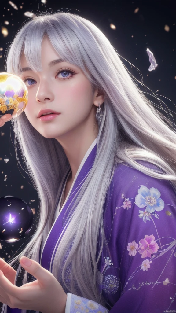 (masterpiece:1.3), (8k, photorealistic, raw photo, highest quality:1.4), (one girl), beautiful face, (realistic face), (long hair), (silver hair, near white hair, shiny hair, beautiful straight hair), (even bangs), (Sharp bangs), straight hairstyle, realistic eyes, beautiful detailed eyes (purple eyes), (sharp eyes), (realistic skin), beautiful skin, (kimono), (magician's kimono), (flower hair ornament), attractive, ultra high resolution, ultra realistic, highly detailed, golden ratio, colorful background, (flowers blooming), (energy dancing background), magician, facing forward, looking straight ahead, Facing forward, facing towards you, holding crystal ball, (heart crystal ball, love crystal ball).Anatomically correct, Highest quality, accurate, High resolution, Facing forward, 