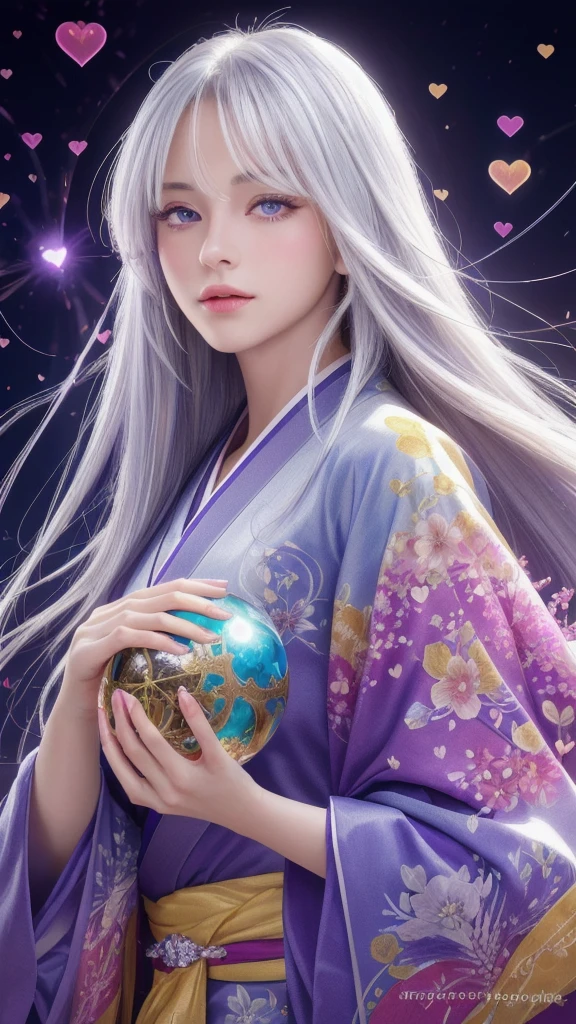 (masterpiece:1.3), (8k, photorealistic, raw photo, highest quality:1.4), (one girl), beautiful face, (realistic face), (long hair), (silver hair, near white hair, shiny hair, beautiful straight hair), (even bangs), (Sharp bangs), straight hairstyle, realistic eyes, beautiful detailed eyes (purple eyes), (sharp eyes), (realistic skin), beautiful skin, (kimono), (magician's kimono), (flower hair ornament), attractive, ultra high resolution, ultra realistic, highly detailed, golden ratio, colorful background, (flowers blooming), (energy dancing background), magician, facing forward, looking straight ahead, Facing forward, facing towards you, holding crystal ball, (heart crystal ball, love crystal ball).Anatomically correct, Highest quality, accurate, High resolution, Facing forward,