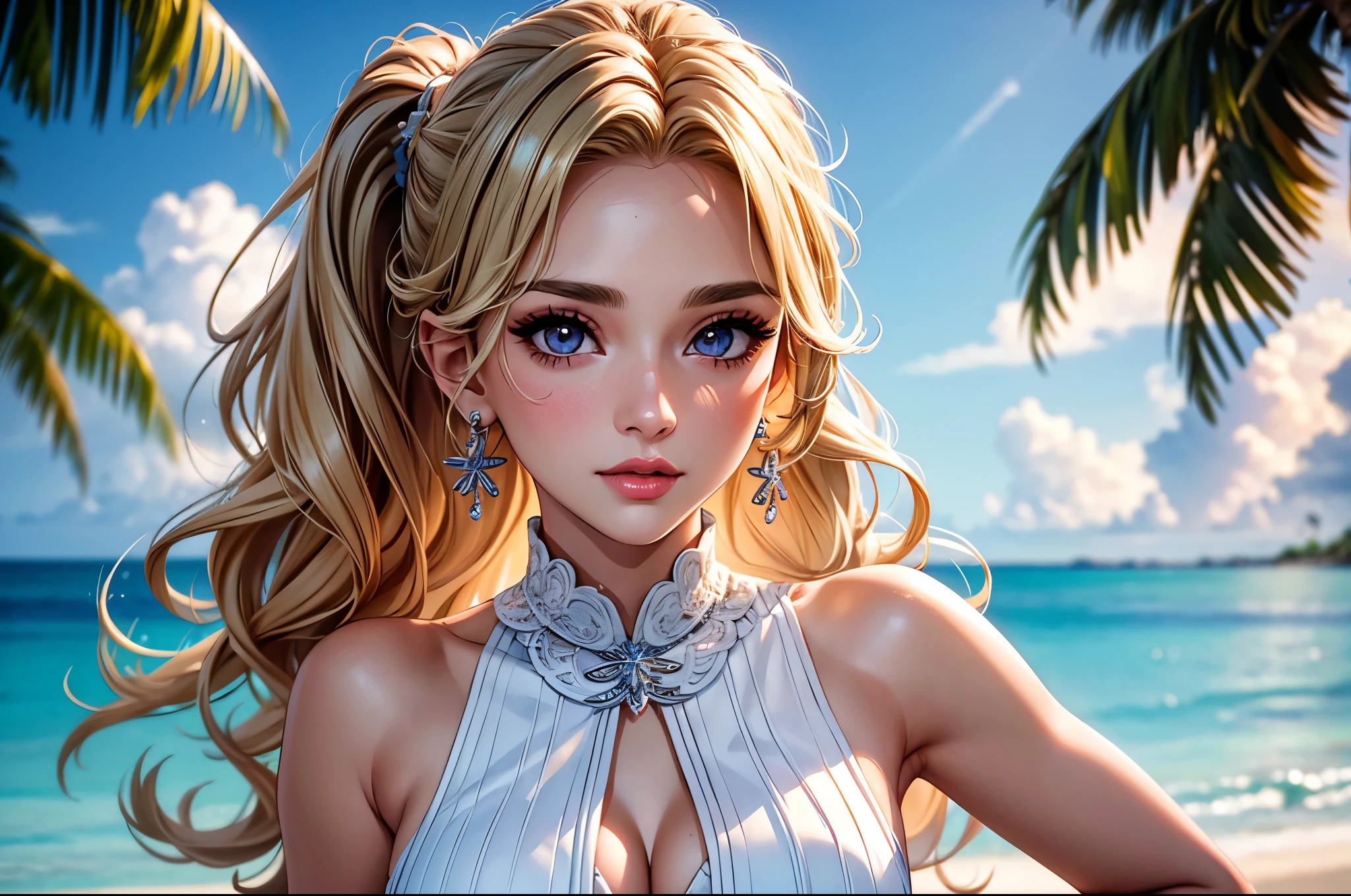 (best quality, 8K, masterpiece:1.3), pretty Woman, 1 girl, beautiful face, (Sexy), blonde hair, curly braided ponytail, White vest, Ultra-detailed face, Detailed lips, super detailed eyes, double eyelids, long upper eyelashes, Soft skin, HD skin, (Maldive:1.2), Maldive Islands, beach, Vacation Homes, 8k, Super detailed, best quality detail, retina, Ultra-high resolution, masterpiece, ccurate