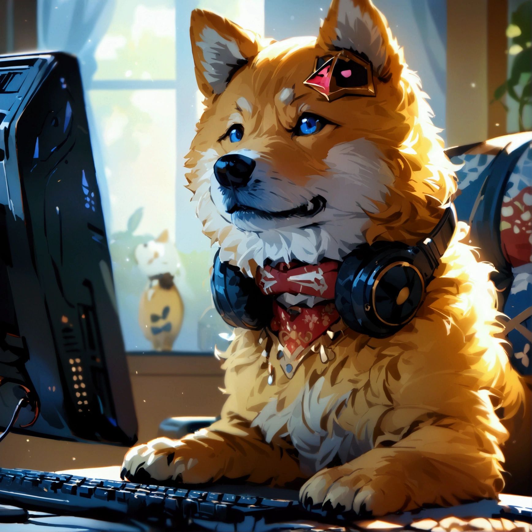 high resolution, looking at the audience,I have a Shiba dog.,smile,Long bangs hair,golden hair,simple background, Sitting in front of the computer, Masterpiece, decorative arts, best quality, Anatomically correct,Wear a ,girl,blue eyes, Bangs between the eyes, canine teeth, fake animal ears,It has the word KOKI.