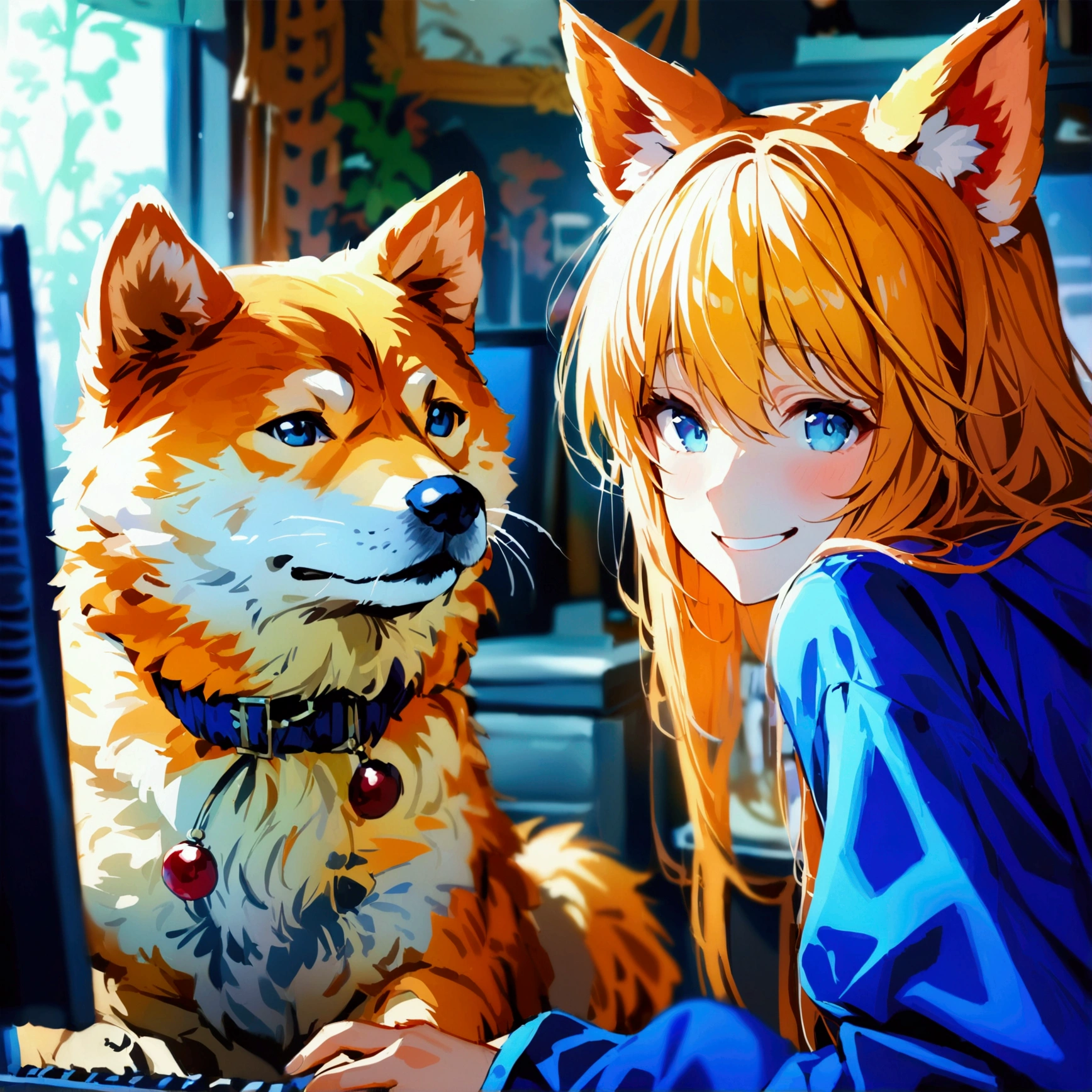 high resolution, looking at the audience,I have a Shiba dog.,smile,Long bangs hair,golden hair,simple background, Sitting in front of the computer, Masterpiece, decorative arts, best quality, Anatomically correct,Wear a ,girl,blue eyes, Bangs between the eyes, canine teeth, fake animal ears,It has the word KOKI.