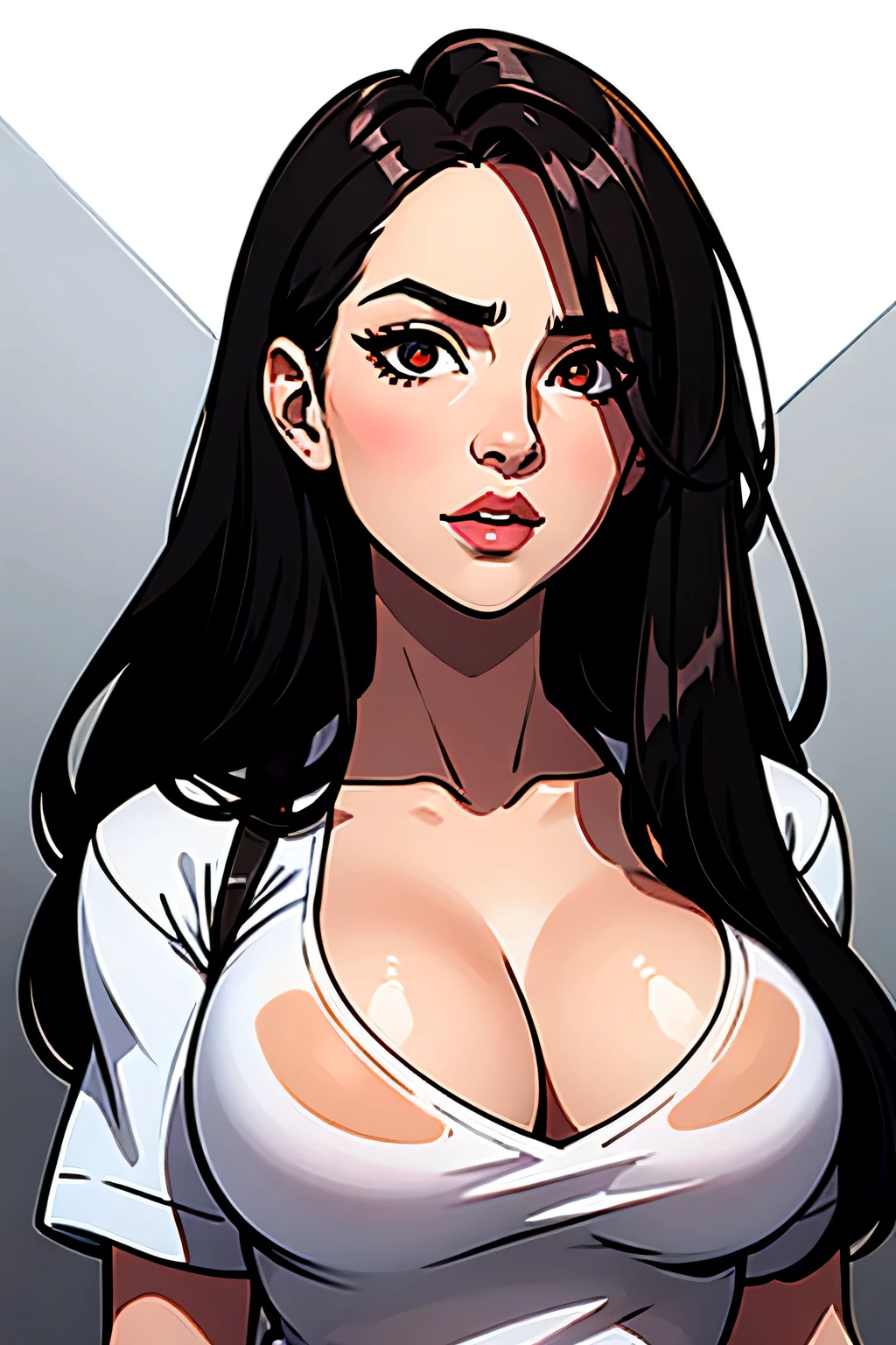 Amazing portrait of a sexy and cute woman with a beautiful face with black brown long straight hair and weak eyes wearing a long oversized white shirt looking elsewhere looking tantalizingly sexy