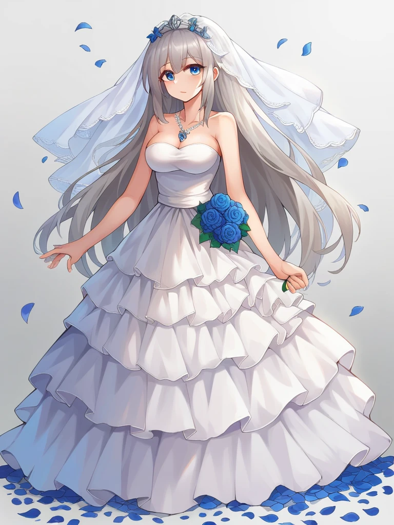 (((Best quality))),((Ultra-detailed)),((illustration)),((Disheveled hair)),((frilld)),(1 girl),(Solo),1girl,1girl,blue bow,blue eyes,blue flower,blue ribbon,blue rose,bouquet,breasts,dress,flower,gradient,gradient background,grey background,jewelry,long hair,necklace,petals,rose,solo,veil,wedding dress,white dress,lexington \(warship girls r\),gray hair,long dress,full body,