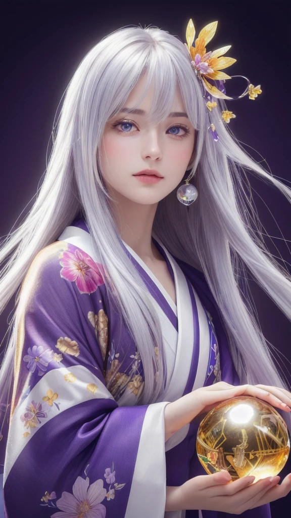 (masterpiece:1.3), (8k, photorealistic, raw photo, highest quality:1.4), (one girl), beautiful face, (realistic face), (long hair), (silver hair, near white hair, shiny hair, beautiful straight hair), (even bangs), (Sharp bangs), straight hairstyle, realistic eyes, beautiful detailed eyes (purple eyes), (sharp eyes), (realistic skin), beautiful skin, (kimono), (magician's kimono), (flower hair ornament), attractive, ultra high resolution, ultra realistic, highly detailed, golden ratio, colorful background, (flowers blooming), (energy dancing background), magician, facing forward, looking straight ahead, Facing forward, facing towards you, holding crystal ball, (heart crystal ball, love crystal ball).Anatomically correct, Highest quality, accurate, High resolution, Facing forward,