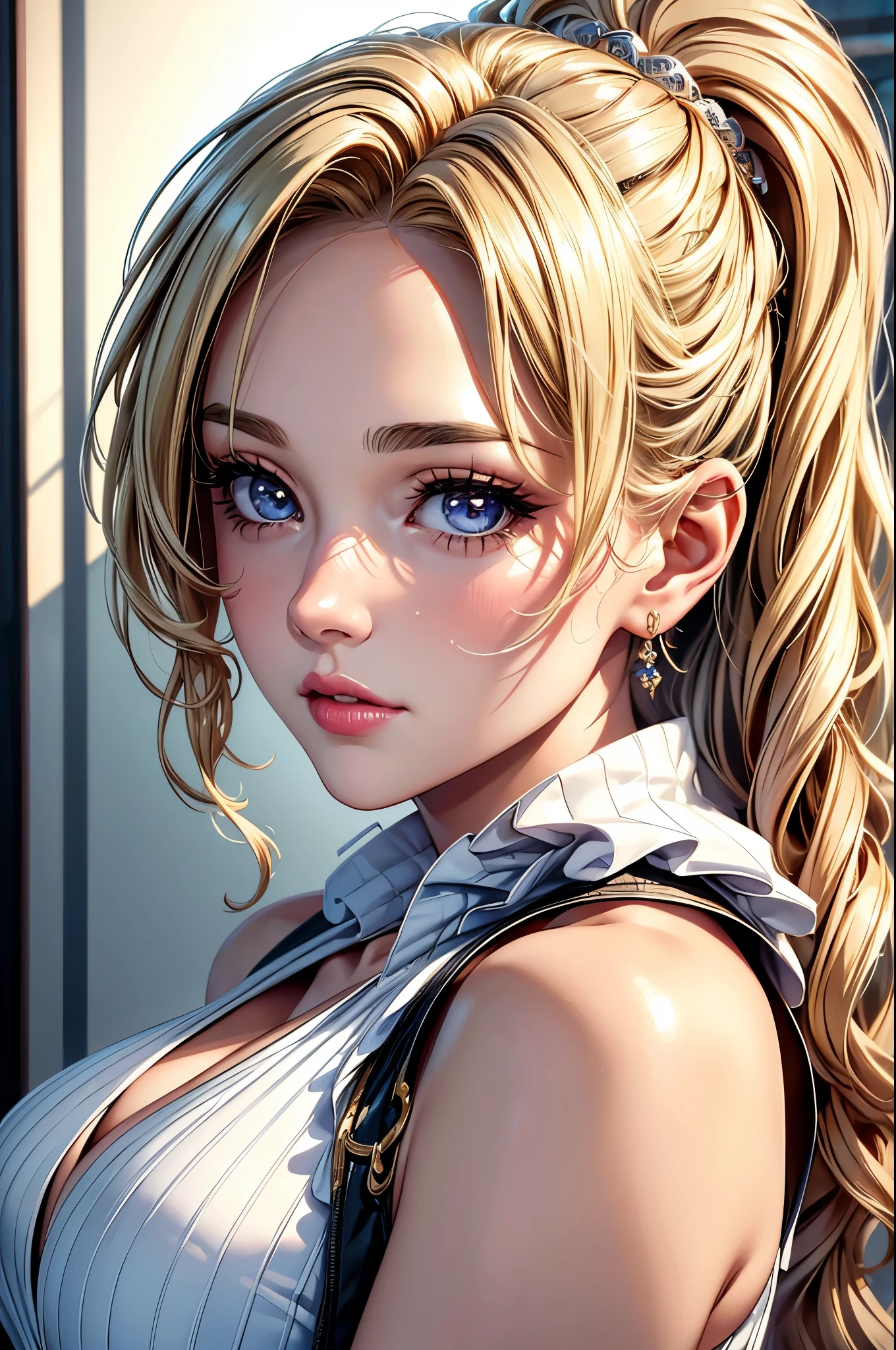 (best quality, 8K, masterpiece:1.3), pretty Woman, 1 girl, beautiful face, (Sexy), blonde hair, curly braided ponytail, White vest, Ultra-detailed face, Detailed lips, super detailed eyes, double eyelids, long upper eyelashes, Soft skin, HD skin, portrait, 8k photo, depth of field, Super detailed, best quality detail, retina, Ultra-high resolution, masterpiece, ccurate