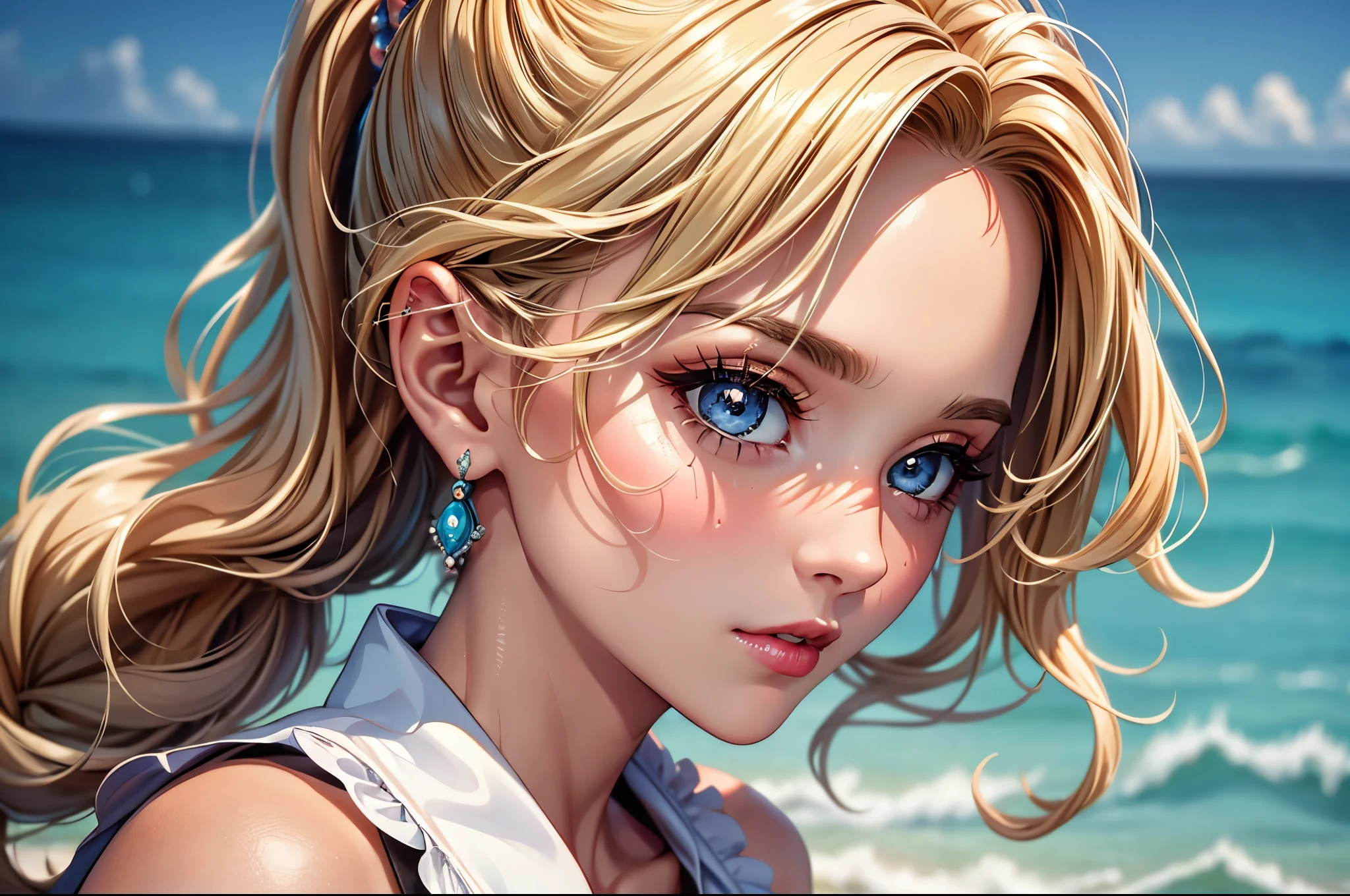 (best quality, 8K, masterpiece:1.3), pretty Woman, 1 girl, beautiful face, (y), blonde hair, curly braided ponytail, White vest, Ultra-detailed face, Detailed lips, super detailed eyes, double eyelids, long upper eyelashes, Soft skin, HD skin, Caribbean Sea, in the sea, in the sea, Half body in the sea, Coral Reef, small fish, 8k, Super detailed, best quality detail, retina, Ultra-high resolution, masterpiece, ccurate
