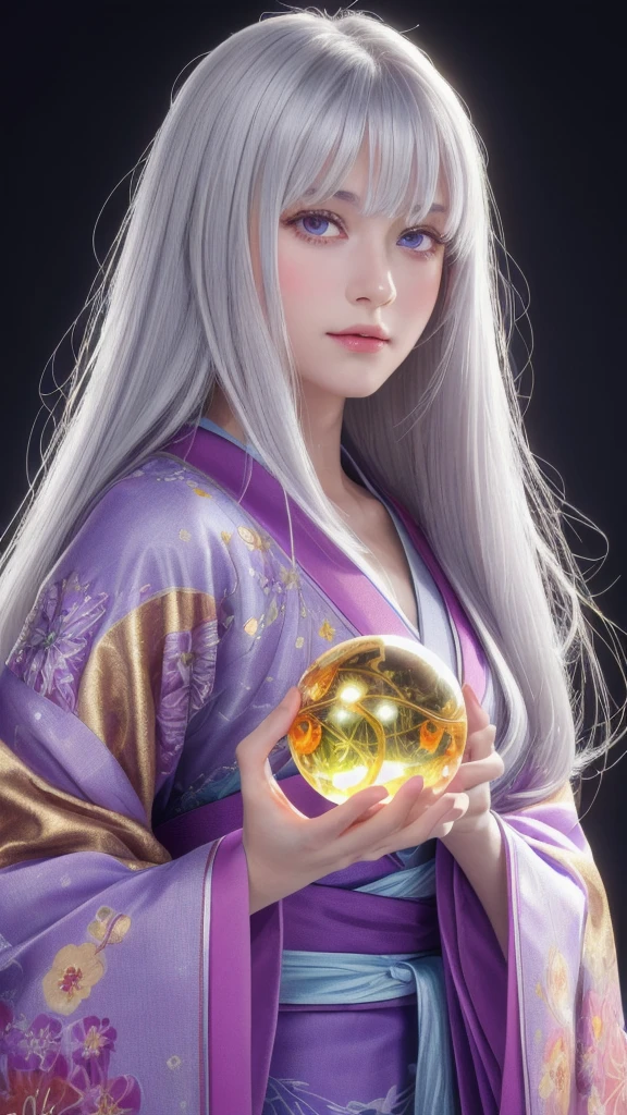 (masterpiece:1.3), (8k, photorealistic, raw photo, highest quality:1.4), (one girl), beautiful face, (realistic face), (long hair), (silver hair, near white hair, shiny hair, beautiful straight hair), (even bangs), (Sharp bangs), straight hairstyle, realistic eyes, beautiful detailed eyes (purple eyes), (sharp eyes), (realistic skin), beautiful skin, (kimono), (magician's kimono), (flower hair ornament), attractive, ultra high resolution, ultra realistic, highly detailed, golden ratio, colorful background, (flowers blooming), (energy dancing background), magician, facing forward, looking straight ahead, Facing forward, facing towards you, holding crystal ball, (heart crystal ball, love crystal ball).Anatomically correct, Highest quality, accurate, High resolution, Facing forward,