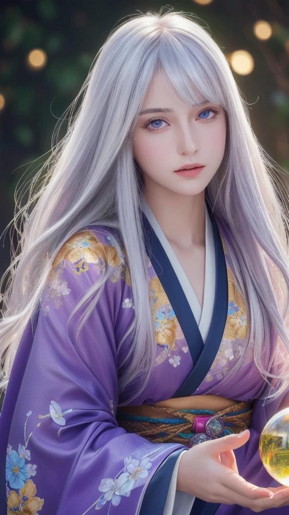 (masterpiece:1.3), (8k, photorealistic, raw photo, highest quality:1.4), (one girl), beautiful face, (realistic face), (long hair), (silver hair, near white hair, shiny hair, beautiful straight hair), (even bangs), (Sharp bangs), straight hairstyle, realistic eyes, beautiful detailed eyes (purple eyes), (sharp eyes), (realistic skin), beautiful skin, (kimono), (magician's kimono), (flower hair ornament), attractive, ultra high resolution, ultra realistic, highly detailed, golden ratio, colorful background, (flowers blooming), (energy dancing background), magician, facing forward, looking straight ahead, Facing forward, facing towards you, holding crystal ball, (heart crystal ball, love crystal ball).Anatomically correct, Highest quality, accurate, High resolution, Facing forward,