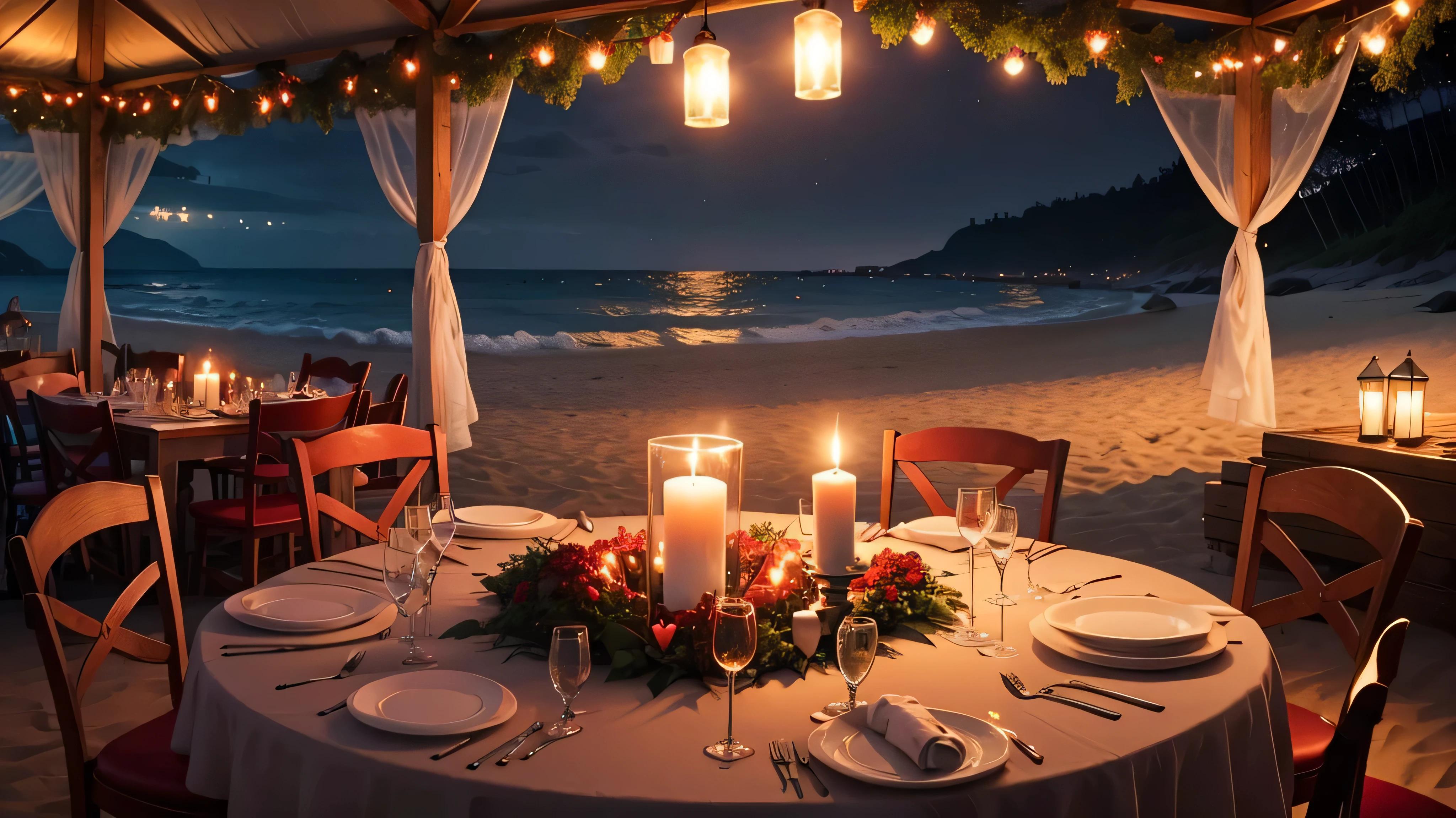 scenery with red hearts beach, natta, candle lights, a table 2 heart chairs