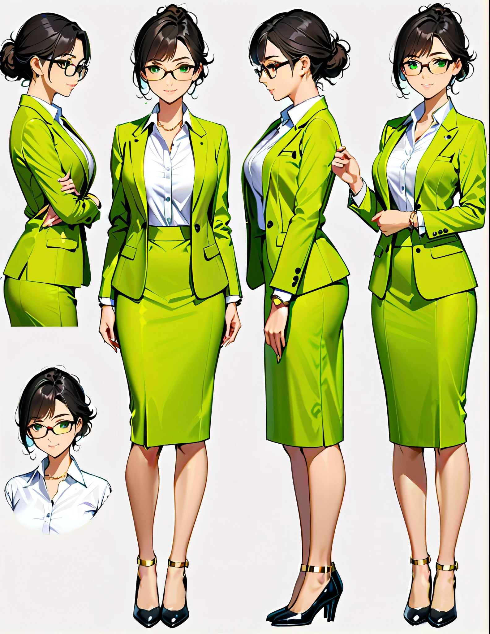 (masterpiece), (best quality), (hires), highly detailed, professional, 1lady, mature lady, tall body, jet black hair, short hair, tied up hair, green eyes, (glasses), (beautiful detailed eyes), beautiful detailed face, beige skirt suit, open jacket, white dress shirt, open collar, medium lime green pencil skirt, medium breasts, matching shoes, (perfect hands, complete fingers), (gold bracelets), bare legs, solo, solo focus, standing, cowboy shot, full body shot, full body with costume, semi-realistic, friendly. Simple background, Multiple Views, Character Sheet Full-Length.