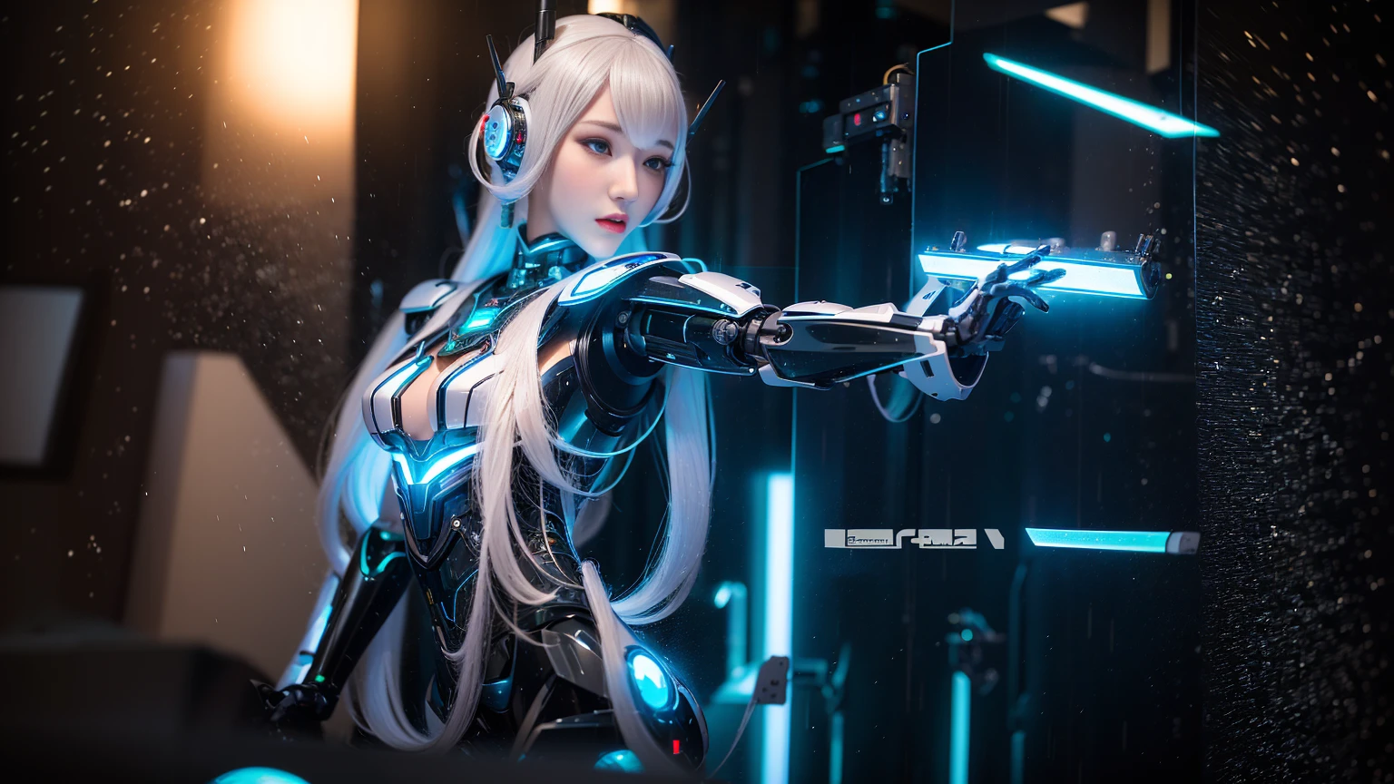 Super Detail, High Detail, high quality, best quality, High resolution,a female robot,Beautiful female robot,beautiful clear face(Rain waves_haneame:1.5),mechanically constructed body,Machine armor,high tech,Military