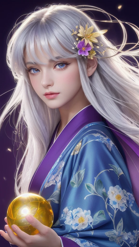 (masterpiece:1.3), (8k, photorealistic, raw photo, highest quality:1.4), (one girl), beautiful face, (realistic face), (long hair), (silver hair, near white hair, shiny hair, beautiful straight hair), (even bangs), (Sharp bangs), straight hairstyle, realistic eyes, beautiful detailed eyes (purple eyes), (sharp eyes), (realistic skin), beautiful skin, (kimono), (magician's kimono), (flower hair ornament), attractive, ultra high resolution, ultra realistic, highly detailed, golden ratio, colorful background, (flowers blooming), (energy dancing background), magician, facing forward, looking straight ahead, Facing forward, facing towards you, holding crystal ball, (heart crystal ball, love crystal ball).Anatomically correct, Highest quality, accurate, High resolution, Facing forward,