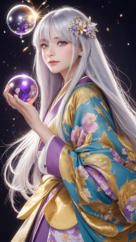 (masterpiece:1.3), (8k, photorealistic, raw photo, highest quality:1.4), (one girl), beautiful face, (realistic face), (long hair), (silver hair, near white hair, shiny hair, beautiful straight hair), (even bangs), (Sharp bangs), straight hairstyle, realistic eyes, beautiful detailed eyes (purple eyes), (sharp eyes), (realistic skin), beautiful skin, (kimono), (magician's kimono), (flower hair ornament), attractive, ultra high resolution, ultra realistic, highly detailed, golden ratio, colorful background, (flowers blooming), (energy dancing background), magician, facing forward, looking straight ahead, Facing forward, facing towards you, holding crystal ball, (heart crystal ball, love crystal ball).Anatomically correct, Highest quality, accurate, High resolution, Facing forward, 