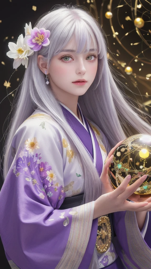 (masterpiece:1.3), (8k, photorealistic, raw photo, highest quality:1.4), (one girl), beautiful face, (realistic face), (long hair), (silver hair, near white hair, shiny hair, beautiful straight hair), (even bangs), (Sharp bangs), straight hairstyle, realistic eyes, beautiful detailed eyes (purple eyes), (sharp eyes), (realistic skin), beautiful skin, (kimono), (magician's kimono), (flower hair ornament), attractive, ultra high resolution, ultra realistic, highly detailed, golden ratio, colorful background, (flowers blooming), (energy dancing background), magician, facing forward, looking straight ahead, Facing forward, facing towards you, holding crystal ball, (heart crystal ball, love crystal ball).Anatomically correct, Highest quality, accurate, High resolution, Facing forward, 