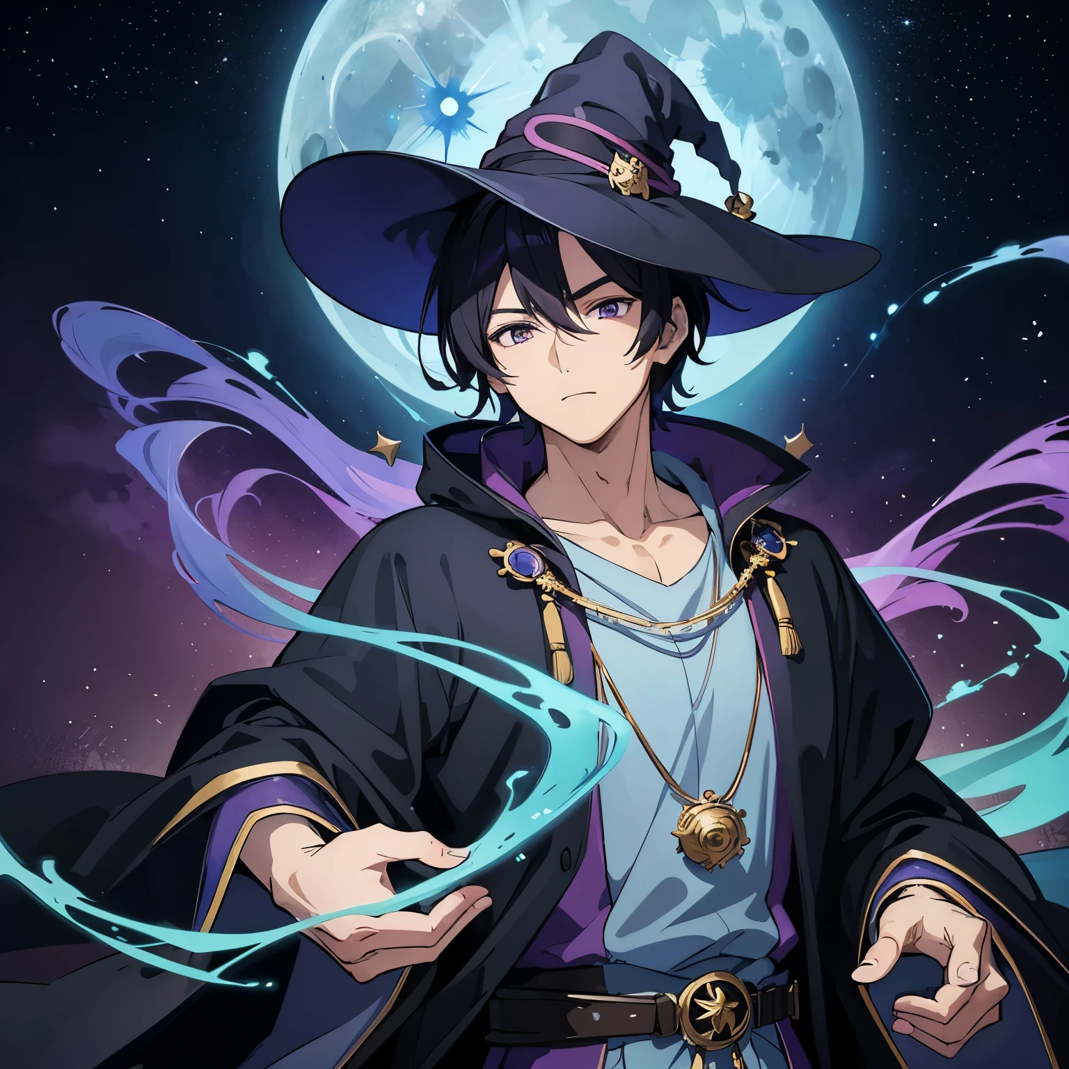 masterpiece, Highest quality, High resolution，Anime Style、gradient hair, black Hair、purple hair, Short Hair、male、Wizard、blue Wizard robe with moon symbols, blue magic hat with moon ornaments, empty background、Upper body only, looking forward, manly 
