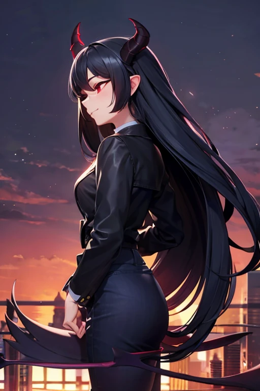 demon girl, long hair, black hair, Red eyes, closed eyes, Without a tail, modern style, city