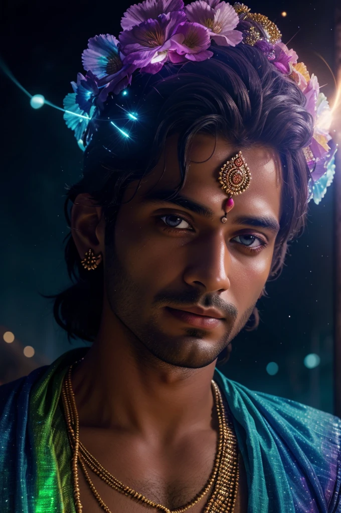 ompts
Copy
((best quality)), ((masterpiece)), ((realistic)), portrait, men Lord Krishna, celestial, deity, goddess, light particles, halo, looking at viewer, ,bioluminescent, vibrant, colourful, color, (glowing, glow), (beautiful composition), cinematic lighting, intricate,