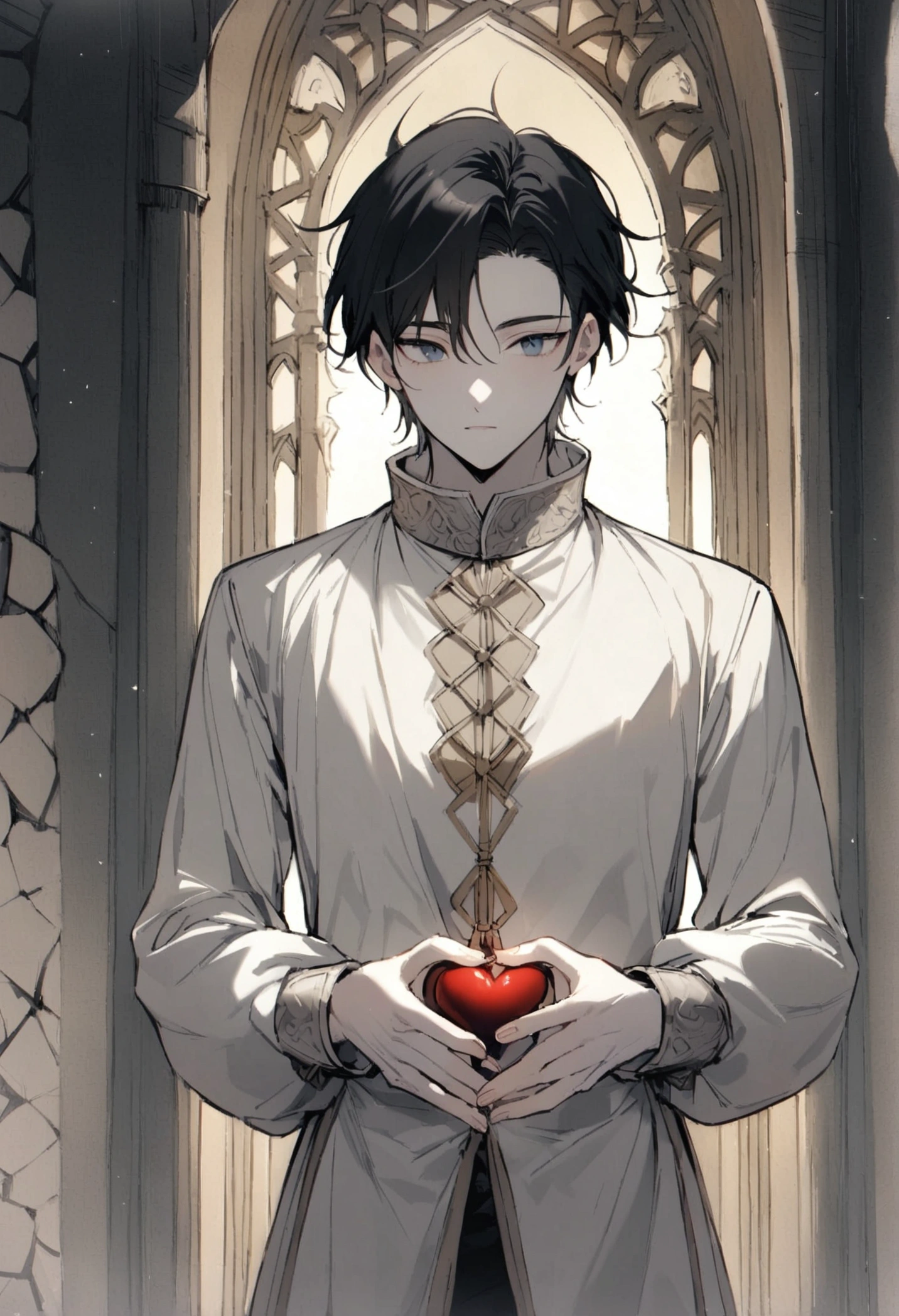 Young and handsome man, aged 21 years, white skin and charming long black hair, height 175 and with perfect body proposal, wearing thin white casual clothes, cold but relaxed gaze, with a backdrop of medieval imperial views