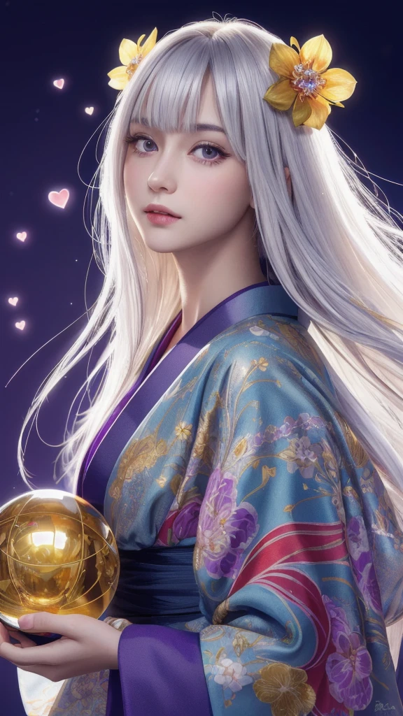 (masterpiece:1.3), (8k, photorealistic, raw photo, highest quality:1.4), (one girl), beautiful face, (realistic face), (long hair), (silver hair, near white hair, shiny hair, beautiful straight hair), (even bangs), (Sharp bangs), straight hairstyle, realistic eyes, beautiful detailed eyes (purple eyes), (sharp eyes), (realistic skin), beautiful skin, (kimono), (magician's kimono), (flower hair ornament), attractive, ultra high resolution, ultra realistic, highly detailed, golden ratio, colorful background, (flowers blooming), (energy dancing background), magician, facing forward, looking straight ahead, Facing forward, Eyes meet,Pointing straight ahead,facing towards you, holding crystal ball, (heart crystal ball, love crystal ball).Anatomically correct, Highest quality, accurate, High resolution, Facing forward, 