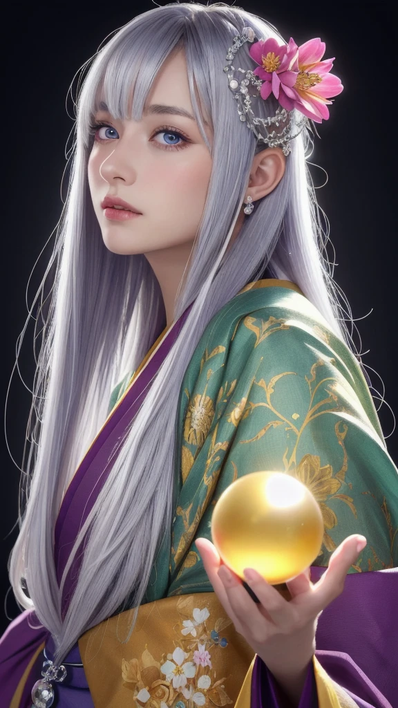 (masterpiece:1.3), (8k, photorealistic, raw photo, highest quality:1.4), (one girl), beautiful face, (realistic face), (long hair), (silver hair, near white hair, shiny hair, beautiful straight hair), (even bangs), (Sharp bangs), straight hairstyle, realistic eyes, beautiful detailed eyes (purple eyes), (sharp eyes), (realistic skin), beautiful skin, (kimono), (magician's kimono), (flower hair ornament), attractive, ultra high resolution, ultra realistic, highly detailed, golden ratio, colorful background, (flowers blooming), (energy dancing background), magician, facing forward, looking straight ahead, Facing forward, Eyes meet,Pointing straight ahead,facing towards you, holding crystal ball, (heart crystal ball, love crystal ball).Anatomically correct, Highest quality, accurate, High resolution, Facing forward,