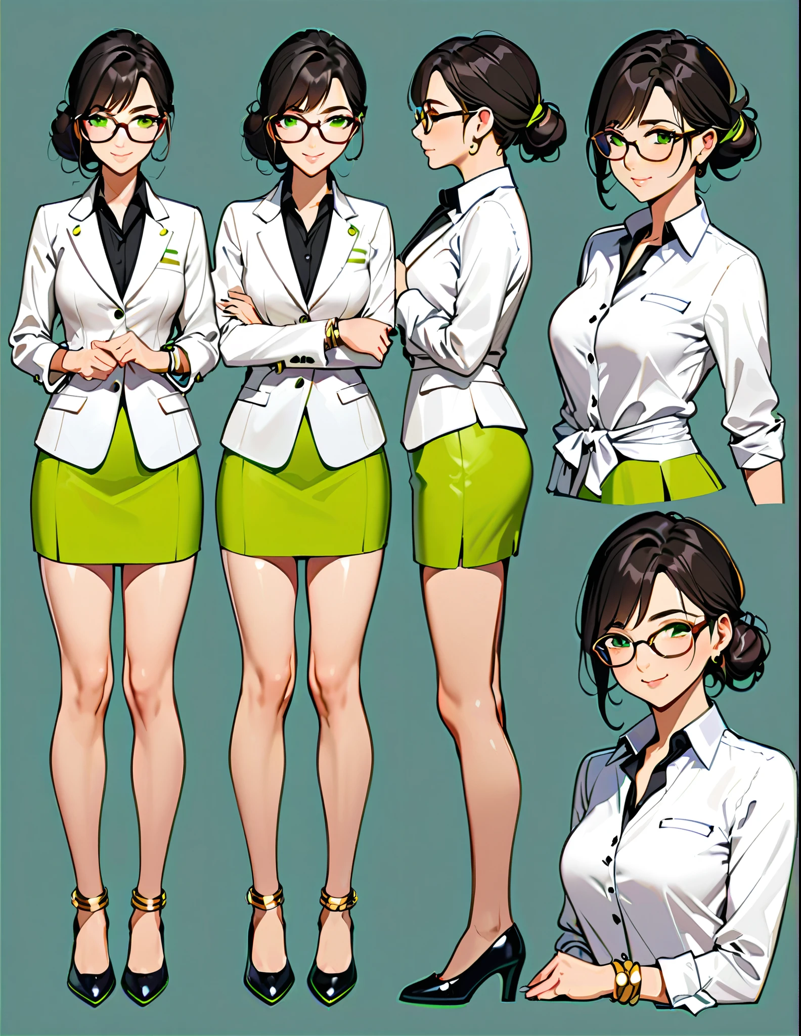 (masterpiece), (best quality), (hires), highly detailed, professional, 1lady, mature lady, tall body, jet black hair, short hair, tied up hair, green eyes, (glasses), (beautiful detailed eyes), beautiful detailed face, beige skirt suit, open jacket, white dress shirt, open collar, medium lime green pencil skirt, medium breasts, matching shoes, (perfect hands, complete fingers), (gold bracelets), bare legs, solo, solo focus, standing, cowboy shot, full body shot, full body with costume, semi-realistic, friendly. Simple background, Multiple Views, Character Sheet Full-Length.