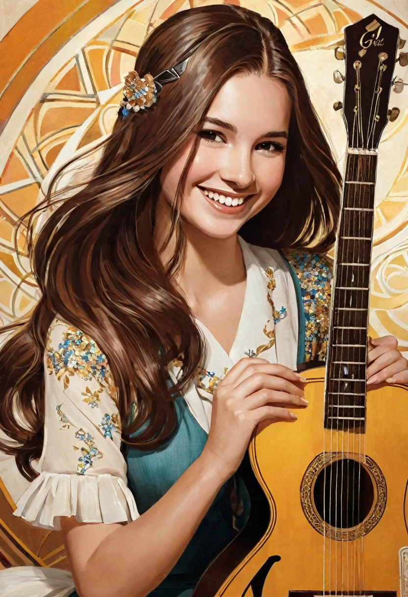 1girl, Long Hair, Brown Hair, smile, guitar play, Art Deco,